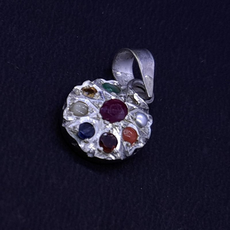 Natural Navaratna with Natural Raw cut Diamonds Pendant in Pure Silver